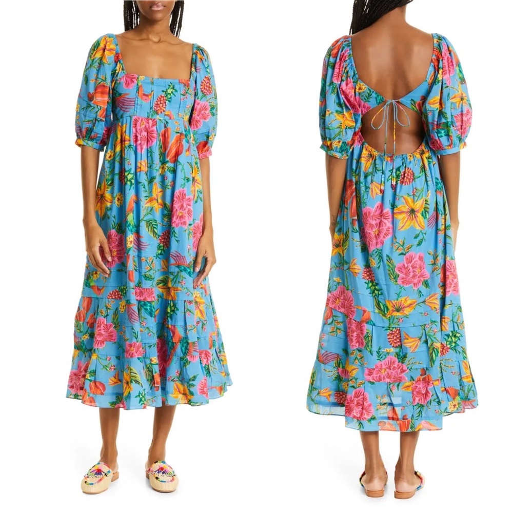 FARM Rio Blue Floral Midi Dress with Pink & Yellow Blooms